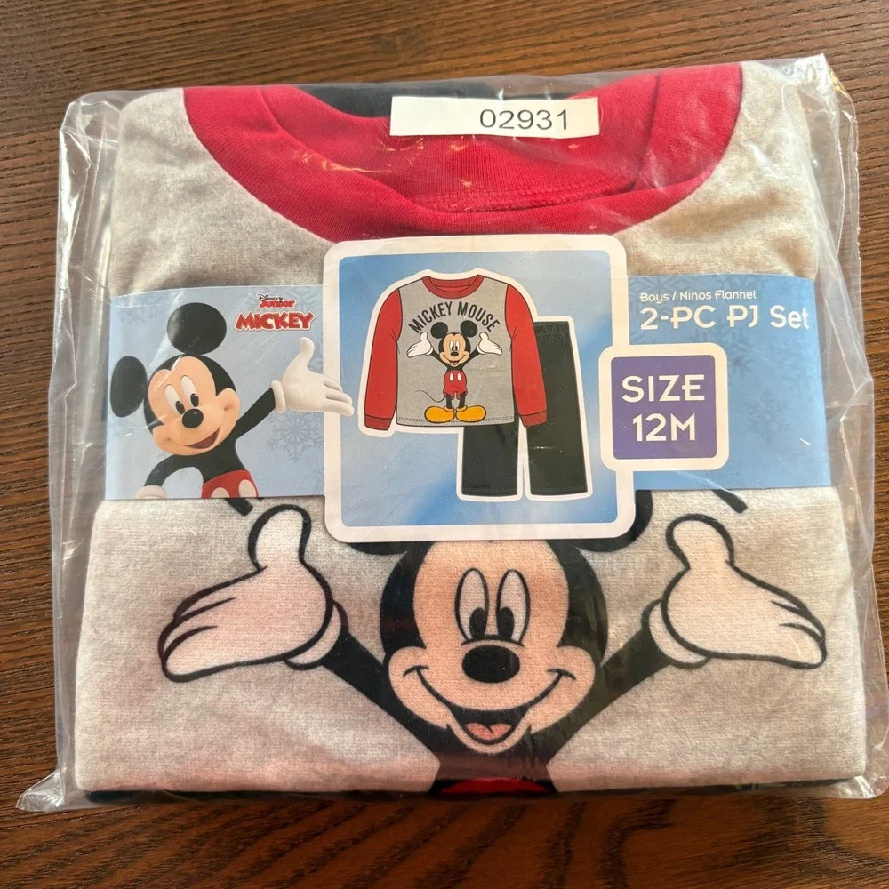 Disney Mickey Mouse‎ Pajama Set Boys 12M Red Gray NEW 2-Piece Flannel Sleepwear